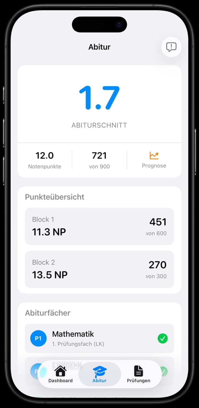 Abipilot Abitur-Rechner mit live berechnetem Abischnitt