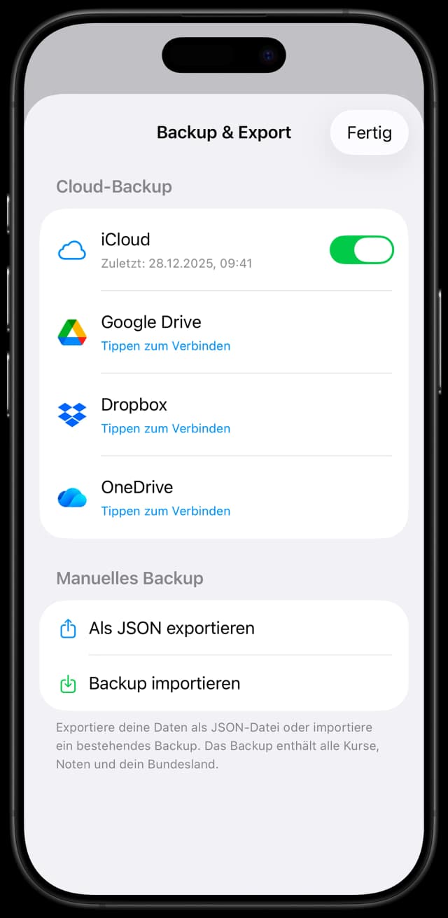 Abipilot Backup & Export in iCloud, Drive und mehr
